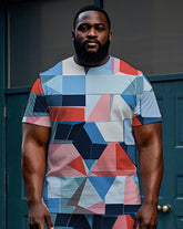 Men's Colorful Geometric Pattern Color Block Printed Big Size Short Sleeve T-Shirt and Shorts Set